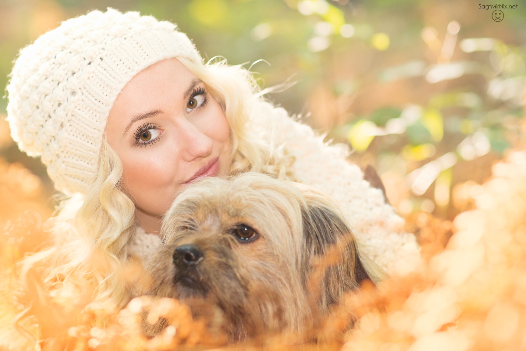 Gegenlicht-Portrait im Herbstwald: Junge Frau mit Hund